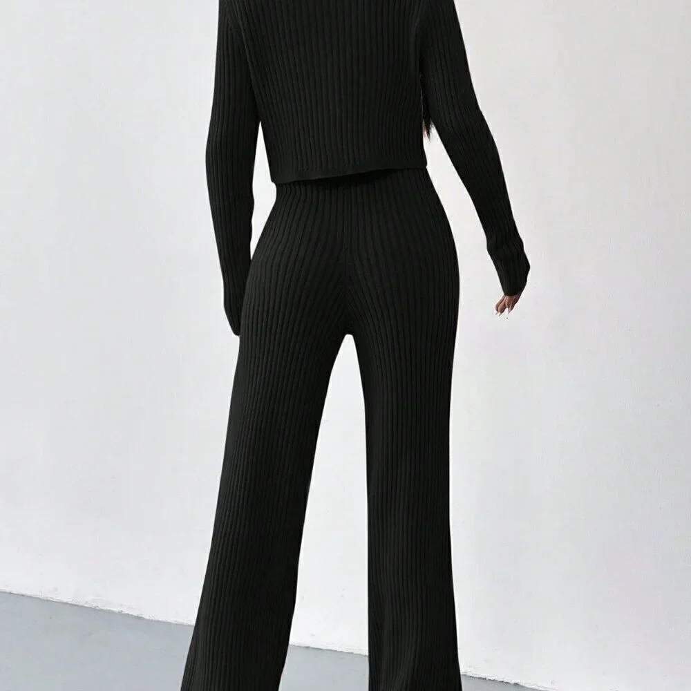 Black Casual Women's Summer Ribbed Knit Cardigan & Flare Leg Knit Pants set